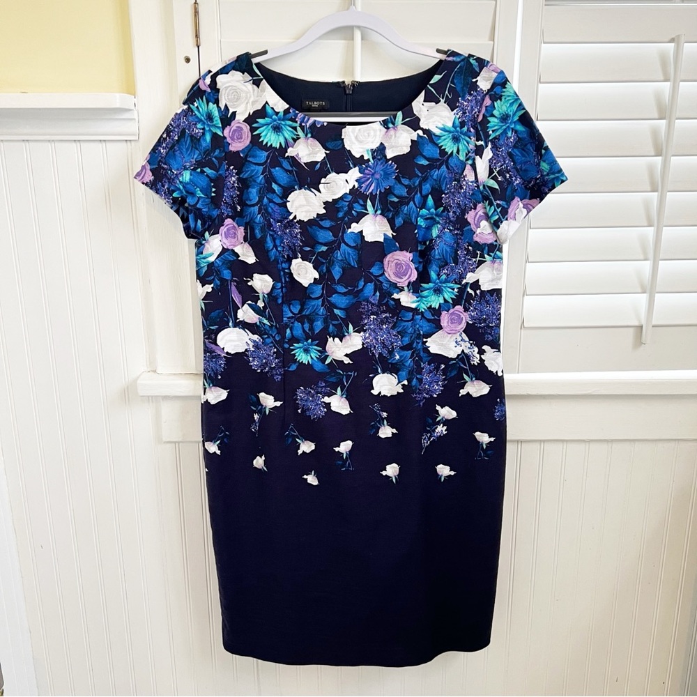 Talbots Petites Navy Blue & Purple Floral Cotton Blend Sheath Dress Size 14P